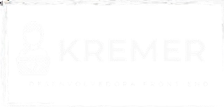 Logotipo com o nome 'KREMER' em letras maiúsculas brancas, acompanhado à esquerda por um ícone de uma figura feminina estilizada trabalhando em um laptop que exibe tags de código '< />'. Abaixo do nome, em letras menores, lê-se 'DESENVOLVEDORA FRONT-END'."